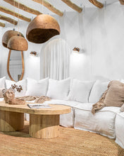 Load image into Gallery viewer, Uniqwa Hendrix Modular Sofa with curve section, with feather cushioning and removable slipcover, timber frame modern coastal sofa with scatter cushions, available in multiple colours. Modern coastal Luxe.