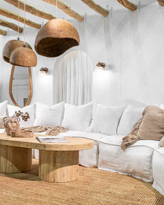 Uniqwa Hendrix Modular Sofa with curve section, with feather cushioning and removable slipcover, timber frame modern coastal sofa with scatter cushions, available in multiple colours. Modern coastal Luxe.