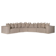 Load image into Gallery viewer, Uniqwa Hendrix Modular Sofa with curve section, with feather cushioning and removable slipcover, timber frame modern coastal sofa with scatter cushions, available in multiple colours. Layout.