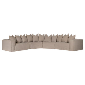 Uniqwa Hendrix Modular Sofa with curve section, with feather cushioning and removable slipcover, timber frame modern coastal sofa with scatter cushions, available in multiple colours. Layout.