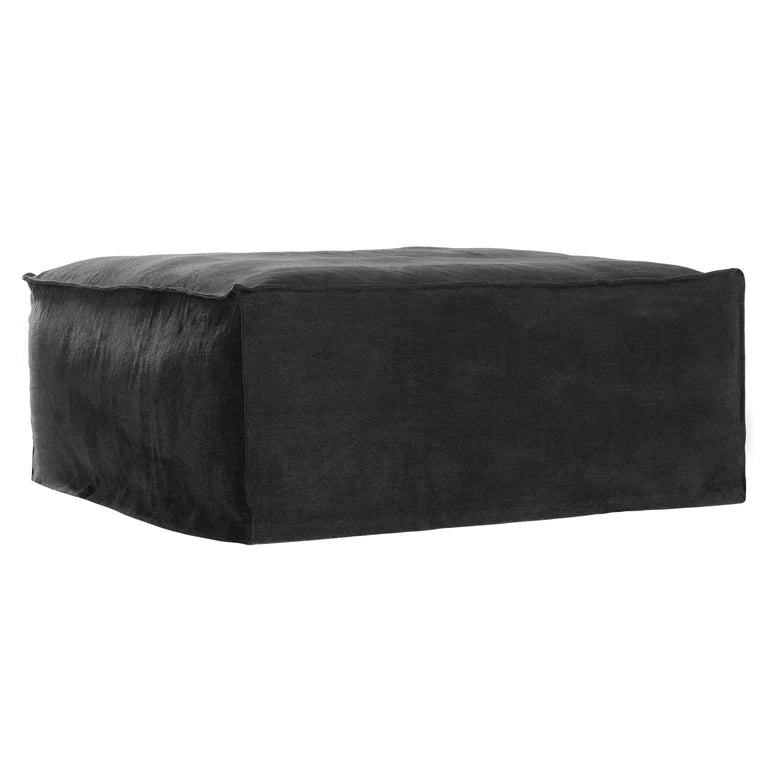 Uniqwa Hendrix ottoman in black, with feather cushioning and removable slipcover, timber frame modern coastal sofa with scatter cushions, available in multiple colours.