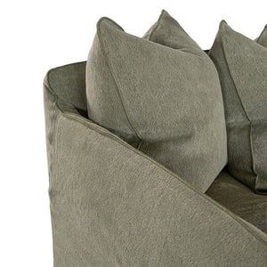 Singita Four Seater Sofa by Uniqwa with hardwood frame, feather-filled cushions and removable slipcovers in luxury linen in bay leaf.