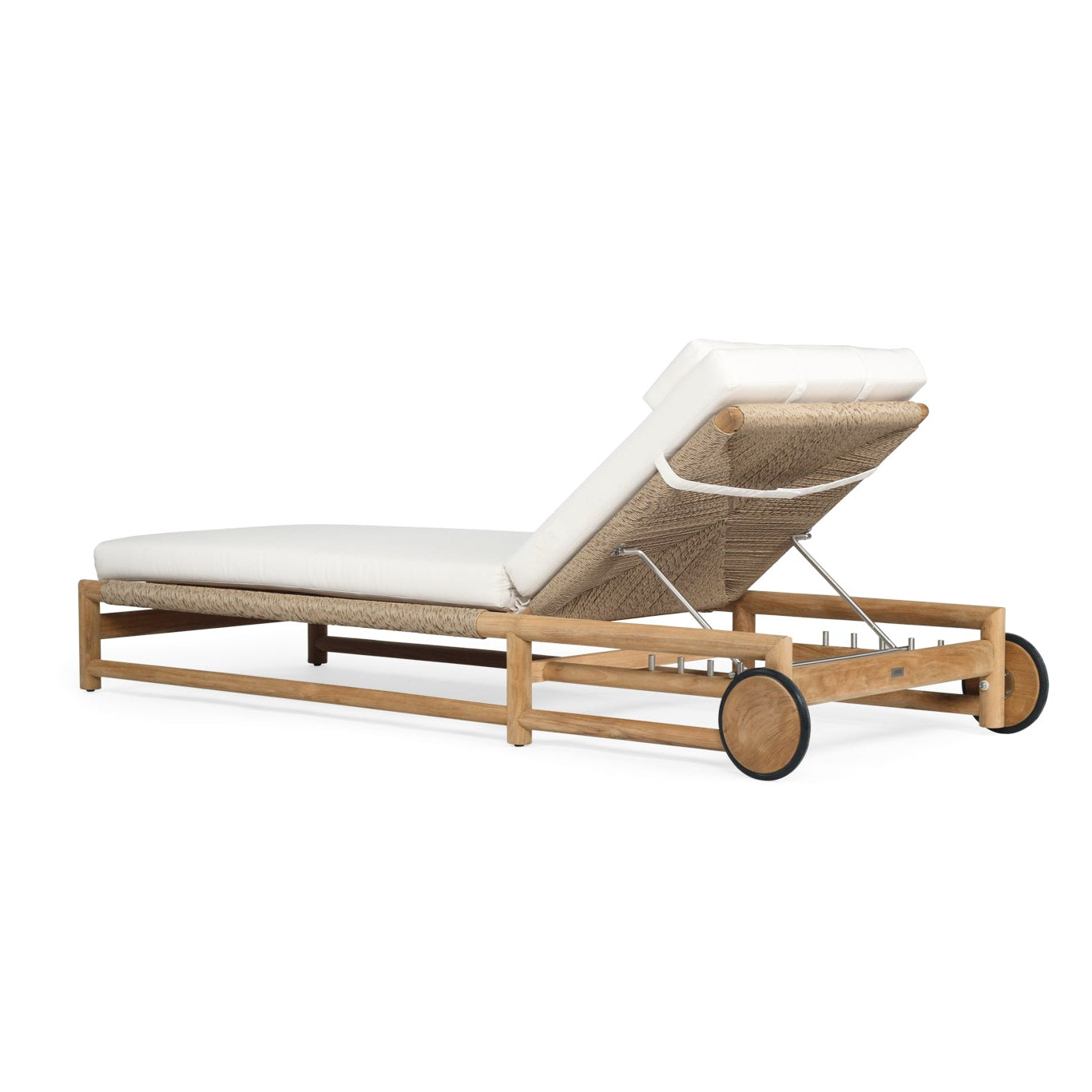 Vaucluse Outdoor Sunlounger in Grade A teak with white Sunbrella cushion, adjustable backrest and wheels, durable coastal outdoor furniture for poolside or garden relaxation.  Back angle perspective.