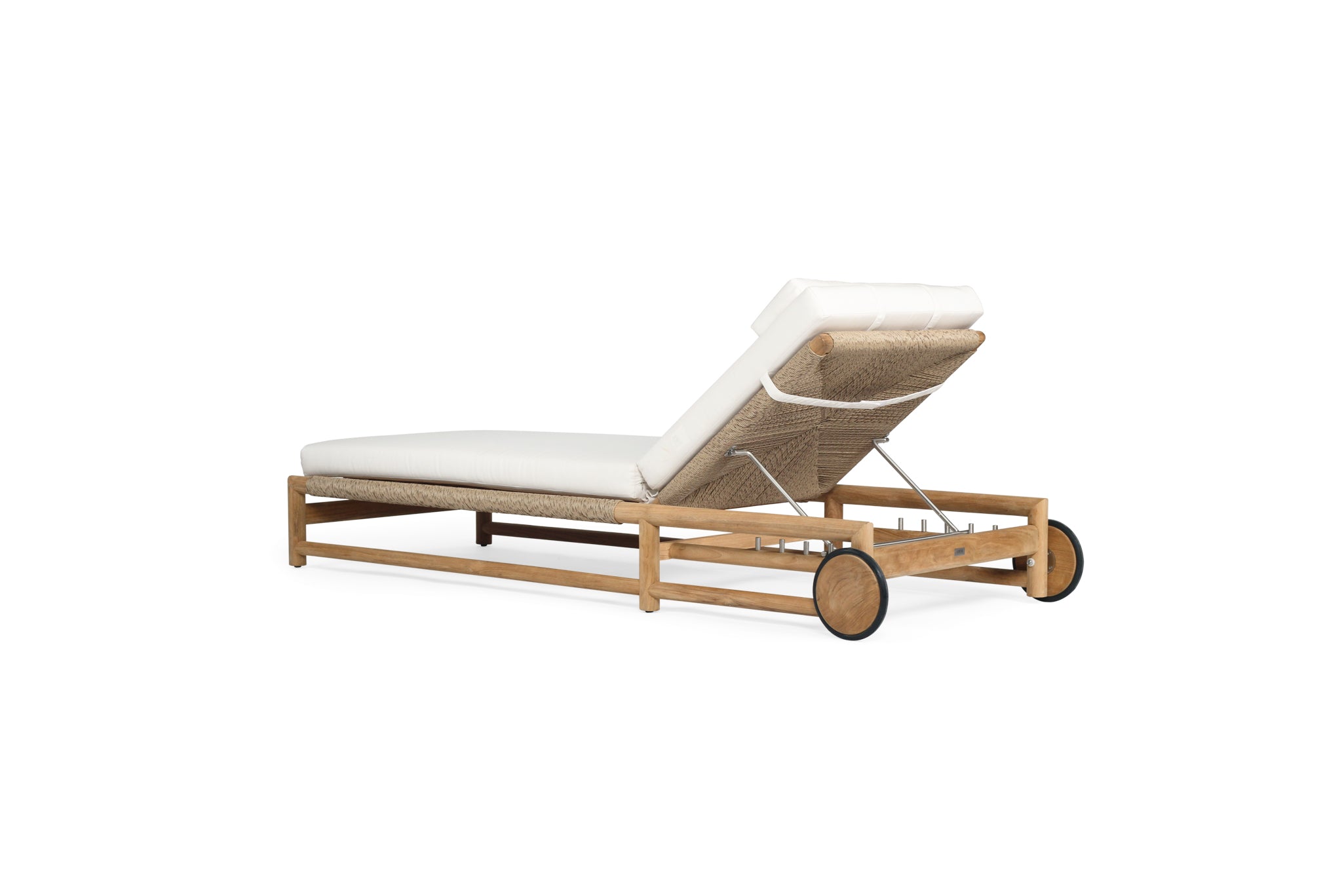Vaucluse Outdoor Sunlounger in Grade A teak with white Sunbrella cushion, adjustable backrest and wheels, durable coastal outdoor furniture for poolside or garden relaxation.  Back angle perspective.