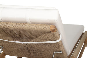 Vaucluse Outdoor Sunlounger in Grade A teak with white Sunbrella cushion, adjustable backrest and wheels, durable coastal outdoor furniture for poolside or garden relaxation.  Close up 6