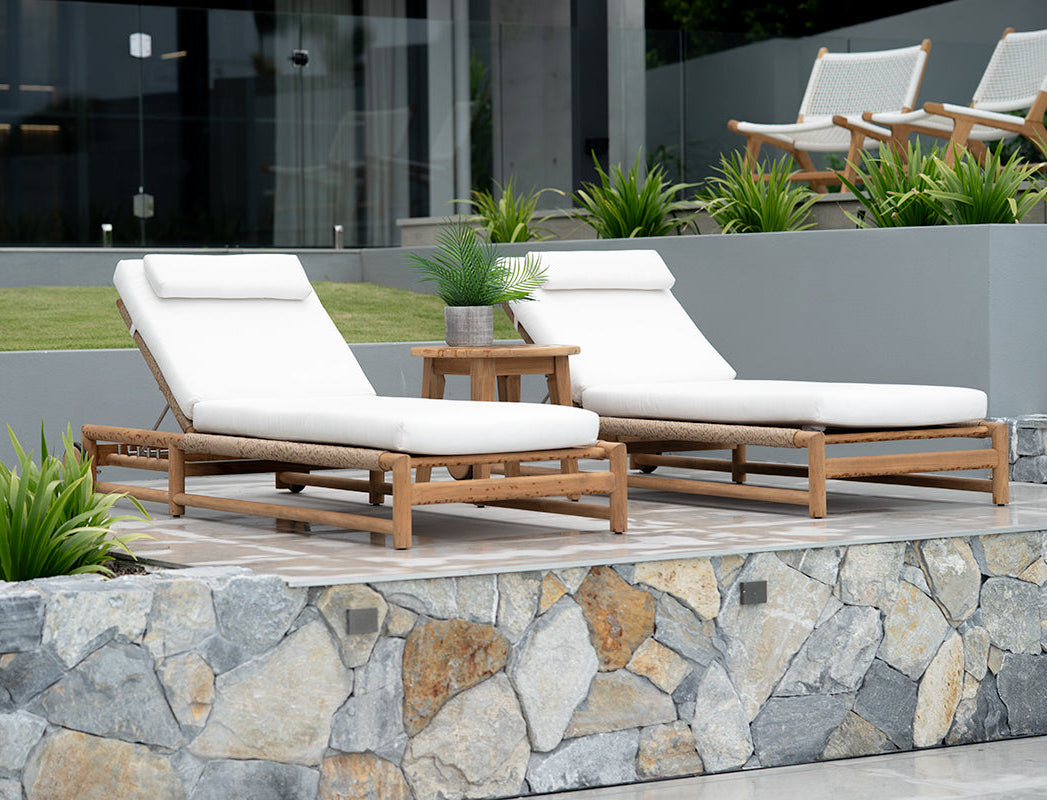 Vaucluse Outdoor Sunlounger in Grade A teak with white Sunbrella cushion, adjustable backrest and wheels, durable coastal outdoor furniture for poolside or garden relaxation.  Magnolia Lane resort style living.