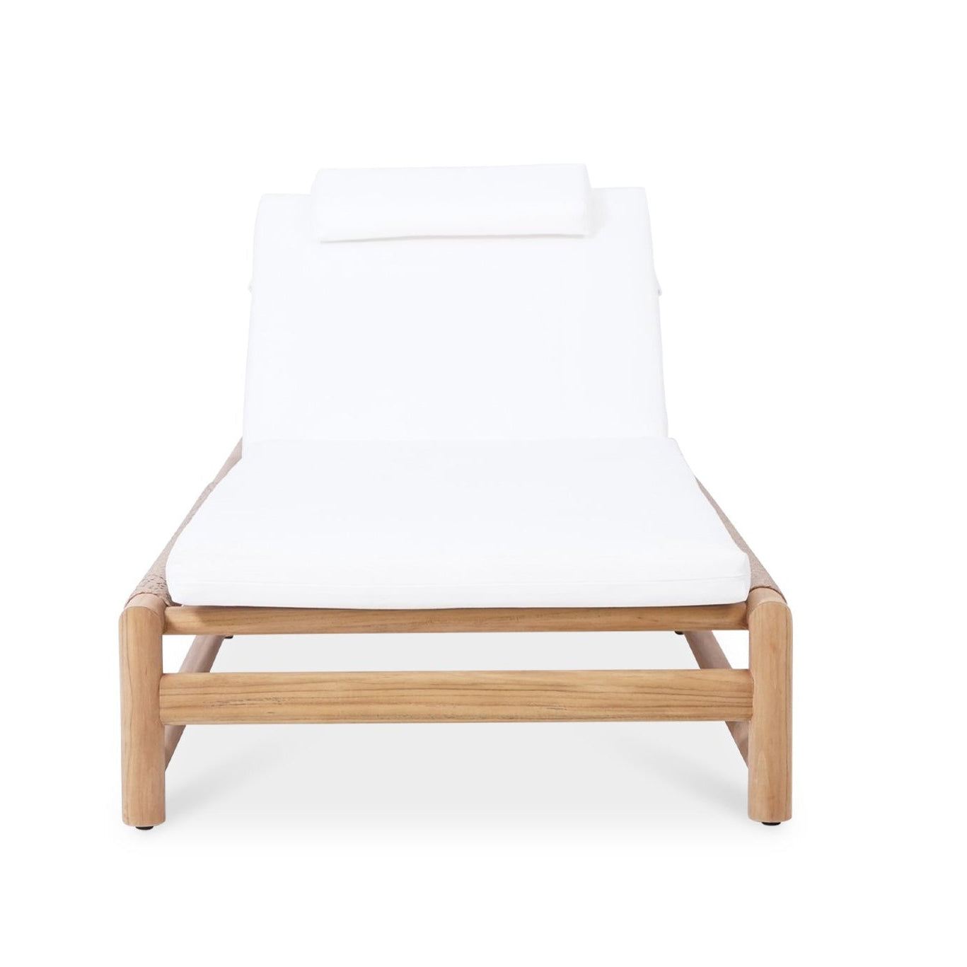 Vaucluse Outdoor Sunlounger in Grade A teak with white Sunbrella cushion, adjustable backrest and wheels, durable coastal outdoor furniture for poolside or garden relaxation.  Front perspective. Magnolia Lane