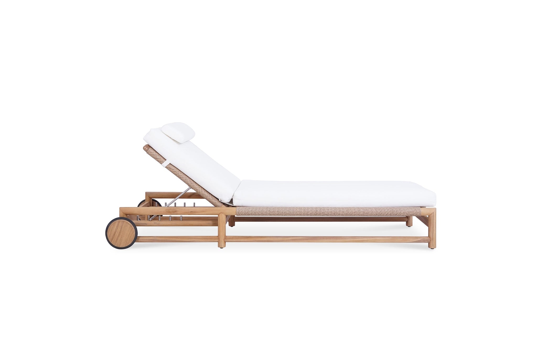 Vaucluse Outdoor Sunlounger in Grade A teak with white Sunbrella cushion, adjustable backrest and wheels, durable coastal outdoor furniture for poolside or garden relaxation.  Side perspective. Magnolia Lane