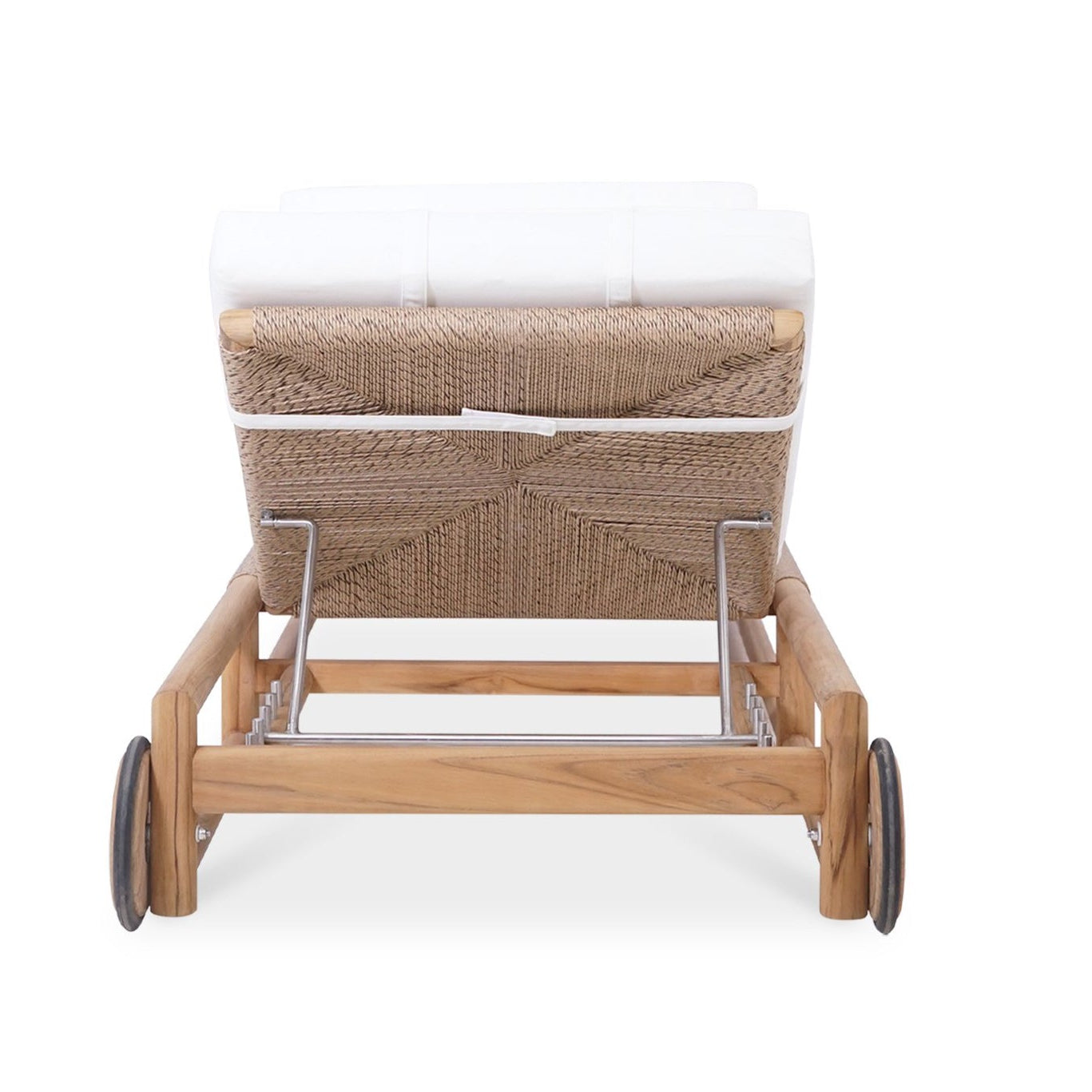 Vaucluse Outdoor Sunlounger in Grade A teak with white Sunbrella cushion, adjustable backrest and wheels, durable coastal outdoor furniture for poolside or garden relaxation.  Back perspective. Magnolia Lane