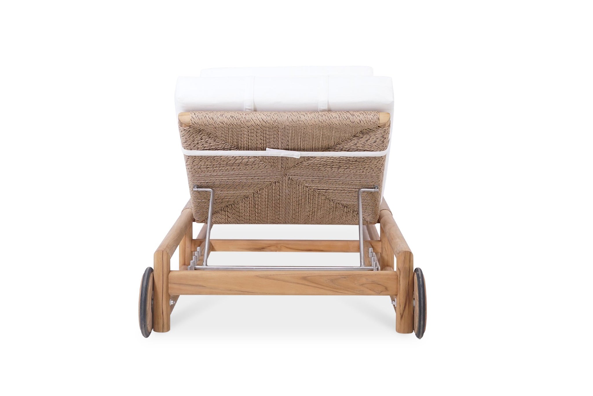 Vaucluse Outdoor Sunlounger in Grade A teak with white Sunbrella cushion, adjustable backrest and wheels, durable coastal outdoor furniture for poolside or garden relaxation.  Back perspective. Magnolia Lane