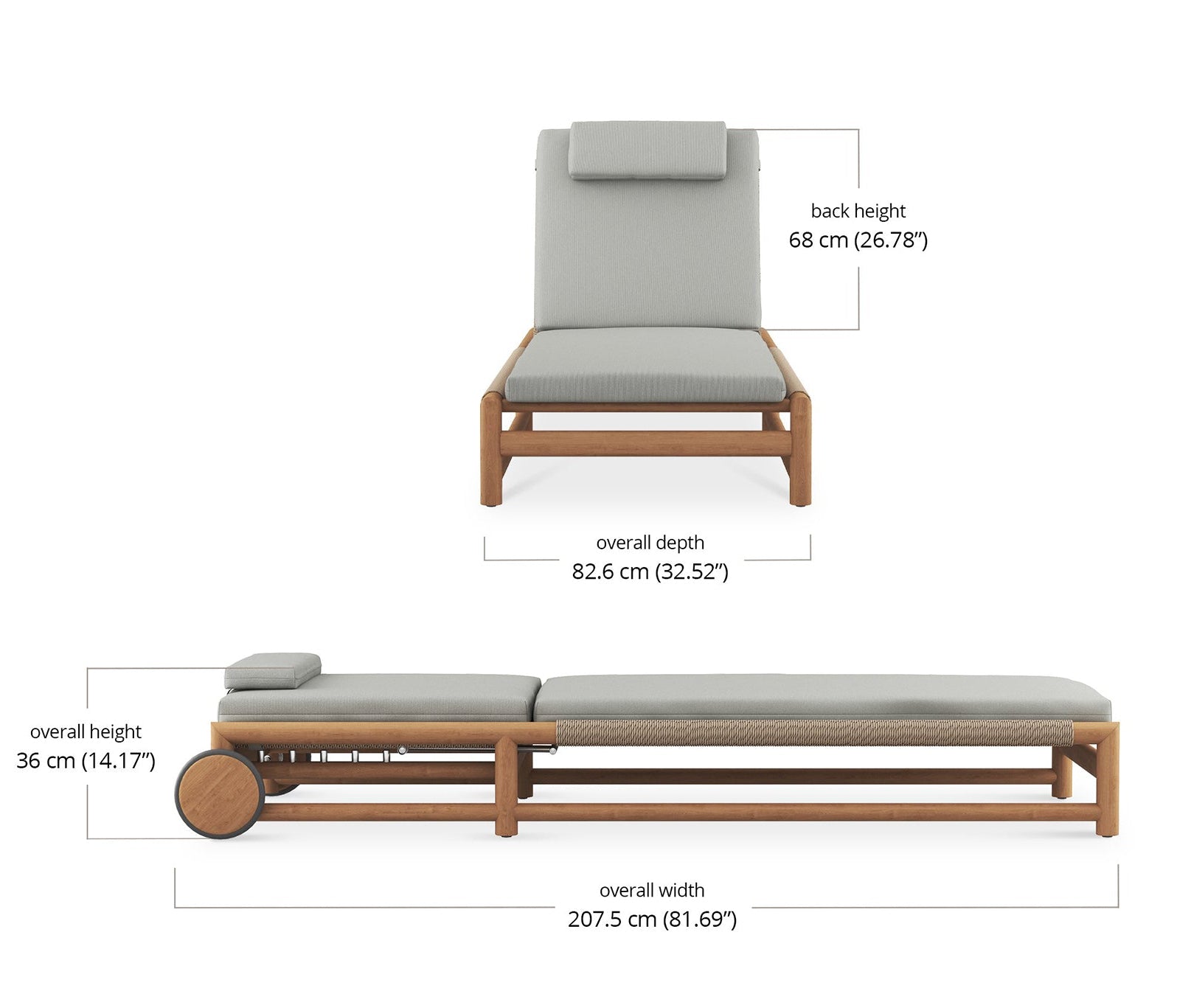 Vaucluse Outdoor Sunlounger in Grade A teak with white Sunbrella cushion, adjustable backrest and wheels, durable coastal outdoor furniture for poolside or garden relaxation.  Dimensions. Magnolia Lane