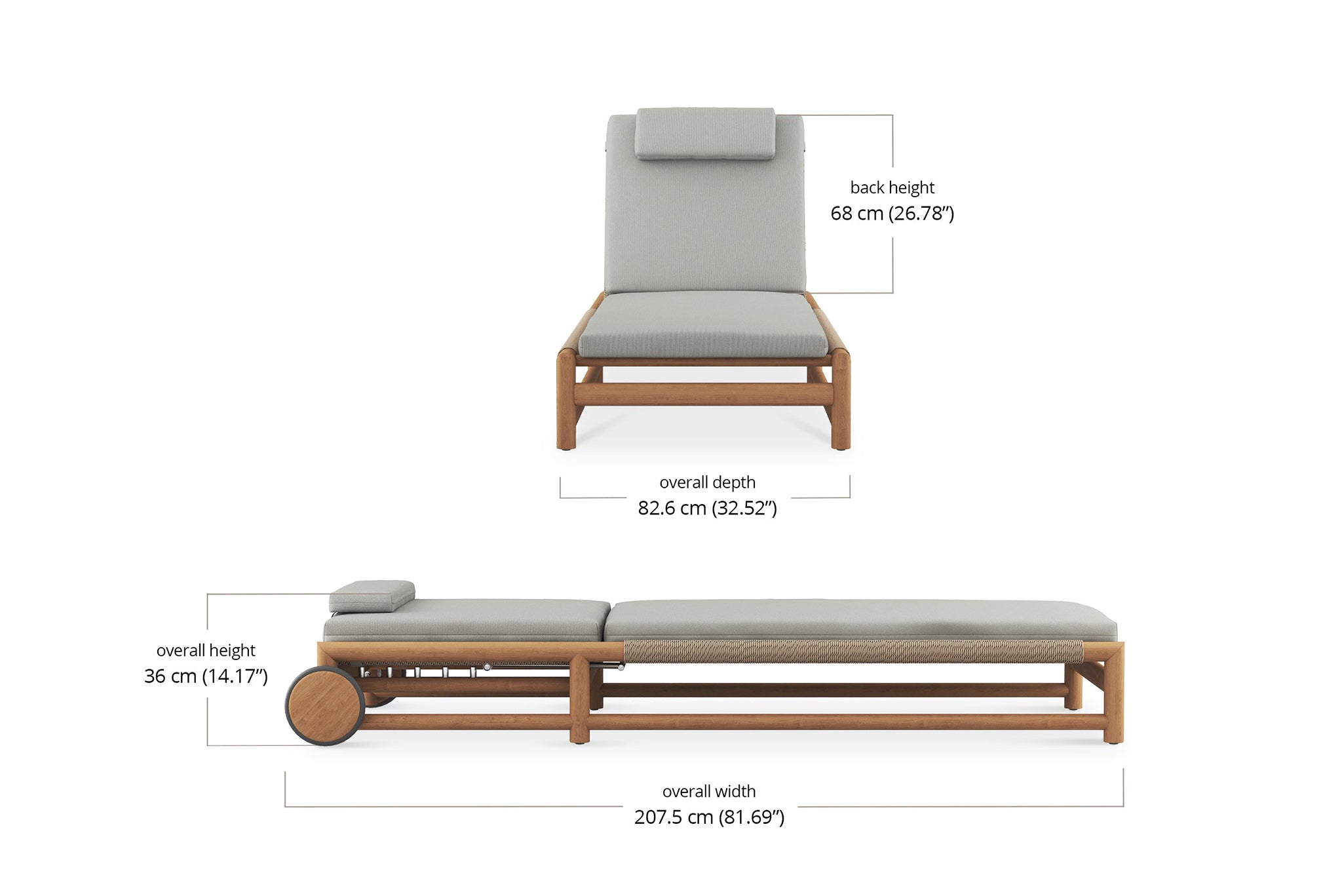 Vaucluse Outdoor Sunlounger in Grade A teak with white Sunbrella cushion, adjustable backrest and wheels, durable coastal outdoor furniture for poolside or garden relaxation.  Dimensions. Magnolia Lane
