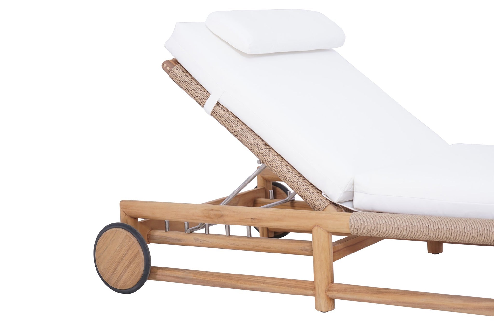 Vaucluse Outdoor Sunlounger in Grade A teak with white Sunbrella cushion, adjustable backrest and wheels, durable coastal outdoor furniture for poolside or garden relaxation.  Adjustable backrest.  perspective. Magnolia Lane