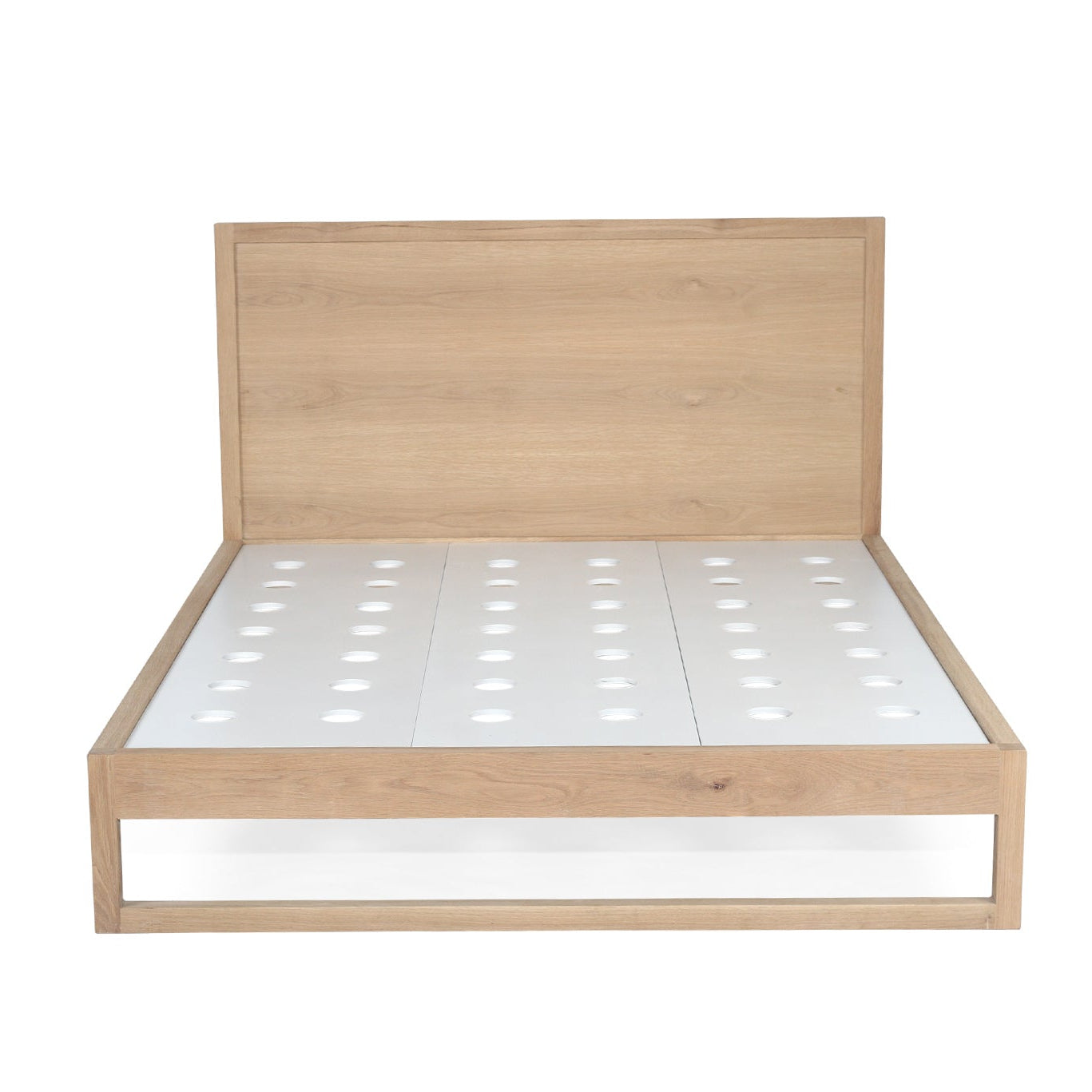 Contemporary oak bed frame with statement timber headboard