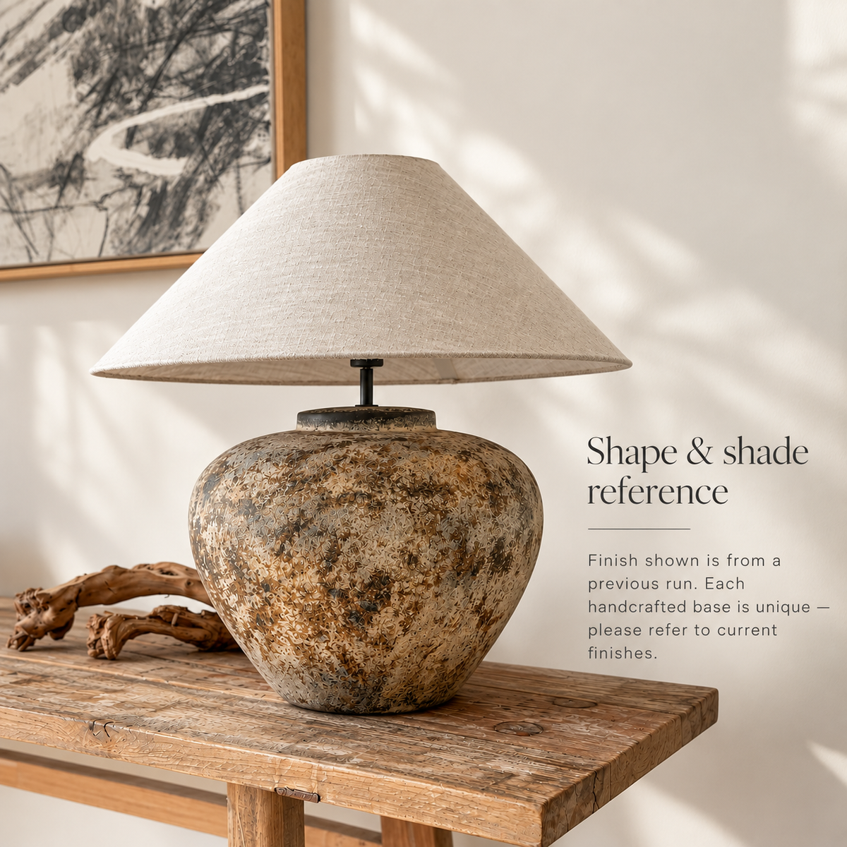 Villa Rustic Table Lamp showing ceramic base shape and linen shade – previous handcrafted finish shown for reference
