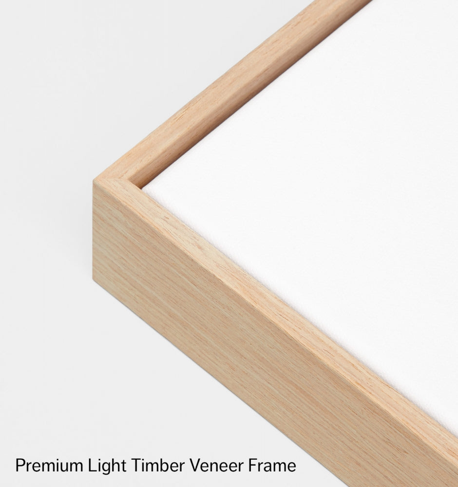 Premium light timber veneer frame option for canvas prints, ready to hang, handcrafted in Melbourne