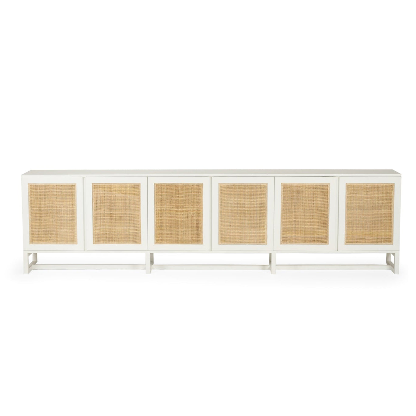 White Amercian Oak six door sideboard with rattan detailed doors, Magnolia Lane