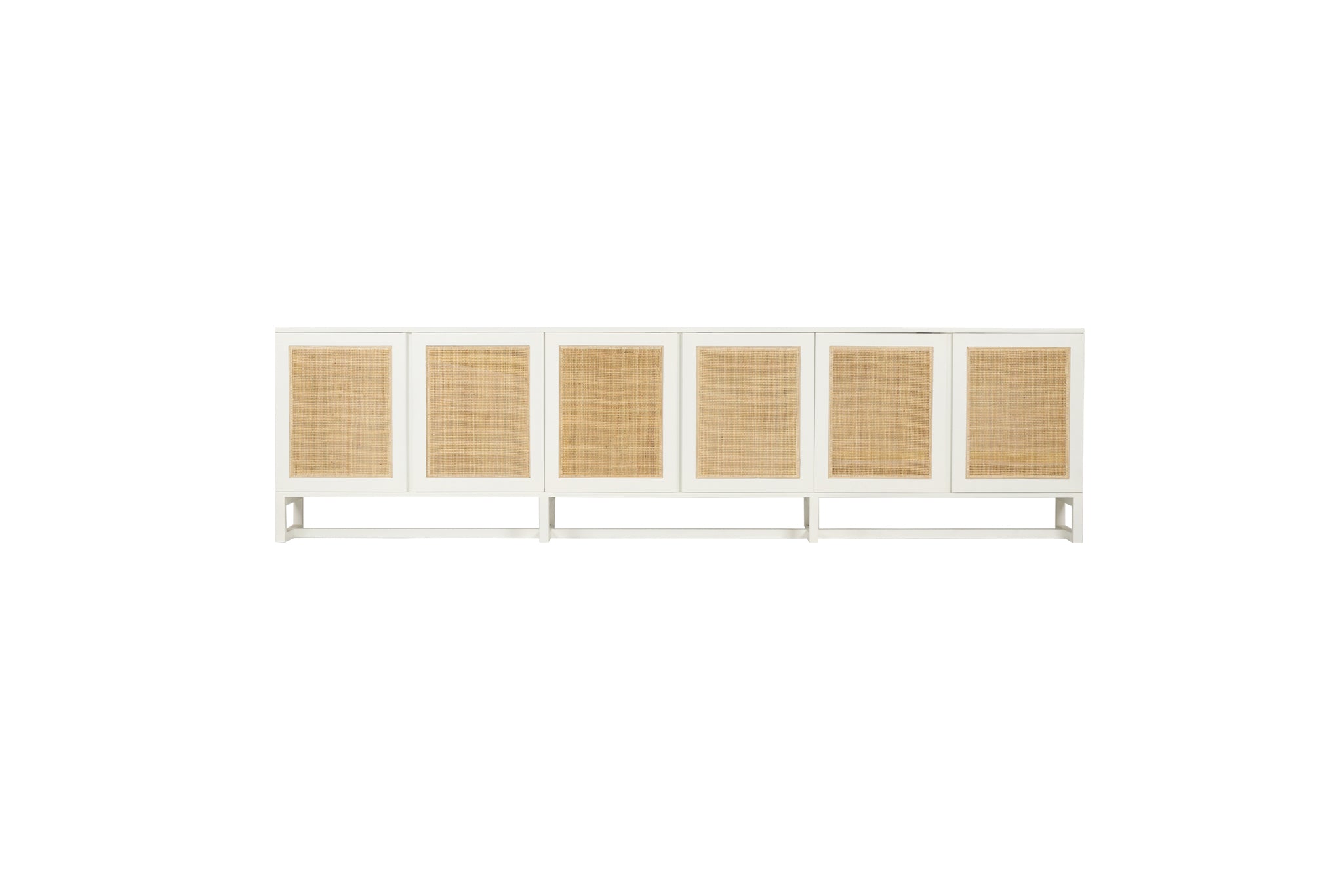White Amercian Oak six door sideboard with rattan detailed doors, Magnolia Lane 6