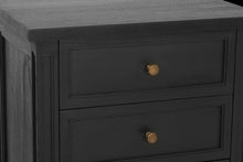 Load image into Gallery viewer, Whitsunday 3 Drawer Bedside Table in black with fluted legs and natural cane shelf, solid hardwood coastal bedroom furniture. Drawer close up.
