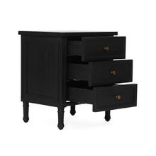 Load image into Gallery viewer, Whitsunday 3 Drawer Bedside Table in black with fluted legs and natural cane shelf, solid hardwood coastal bedroom furniture. Front angle perspective with drawers out.