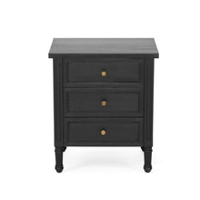 Load image into Gallery viewer, Whitsunday 3 Drawer Bedside Table in black with fluted legs and natural cane shelf, solid hardwood coastal bedroom furniture. Front angle perspective.
