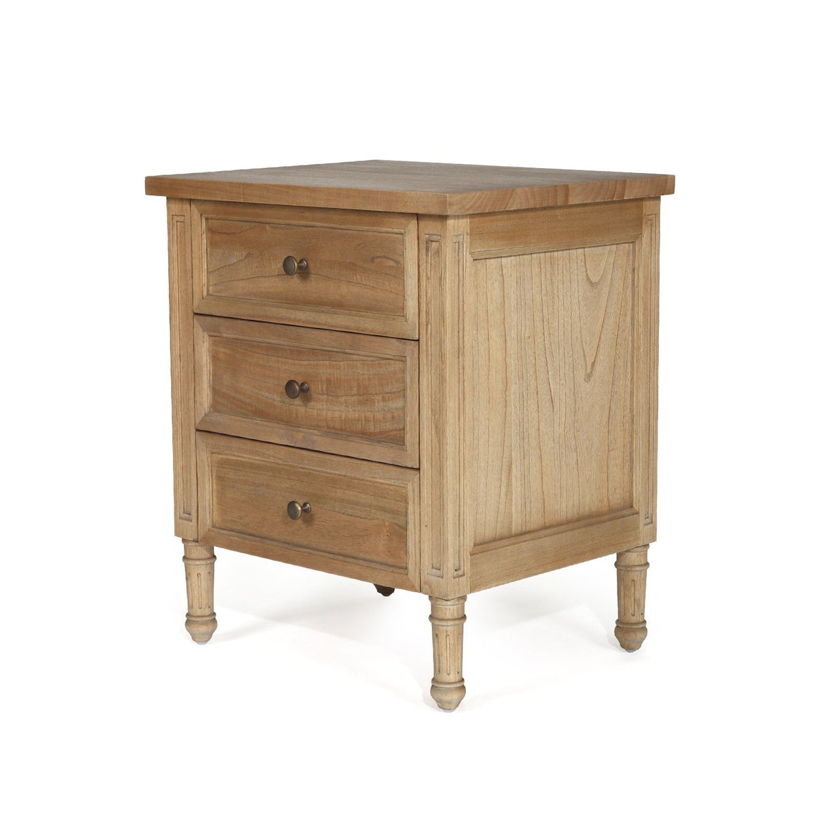 Whitsunday 3 drawer bedside table in weathered oak finish, three-quarter view showing the front and side