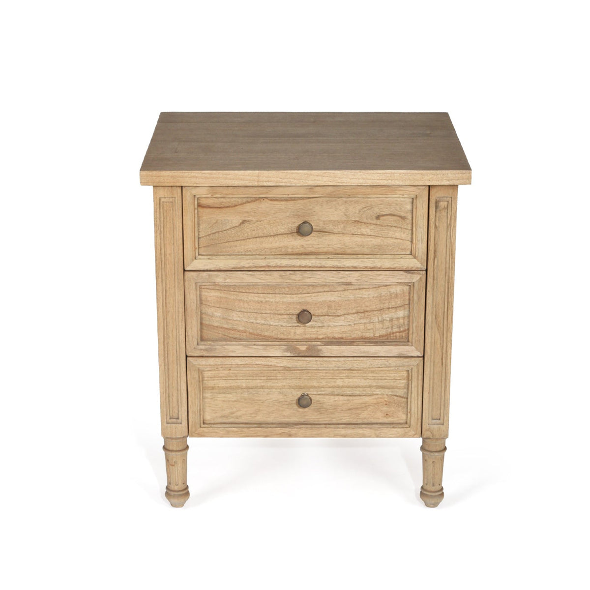 Whitsunday 3 drawer bedside table in weathered oak finish, elevated front view showing the tabletop