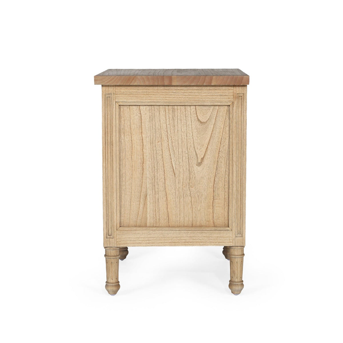 Whitsunday 3 drawer bedside table in weathered oak finish, side view showing the timber panel and fluted legs