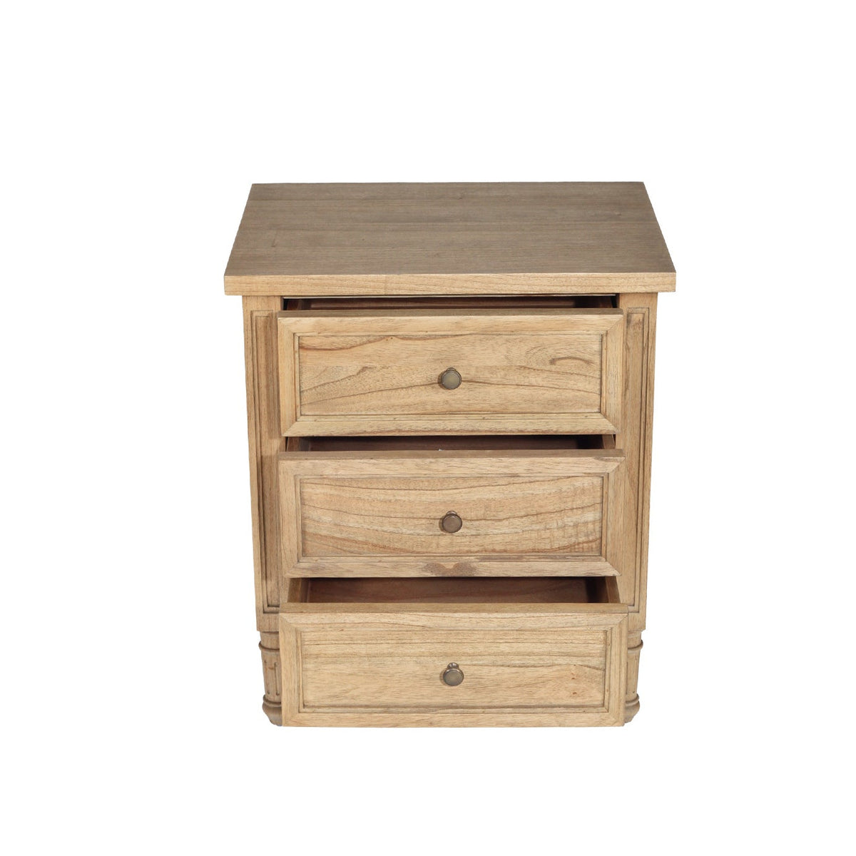 Whitsunday 3 drawer bedside table in weathered oak finish, front view with all three drawers partly open