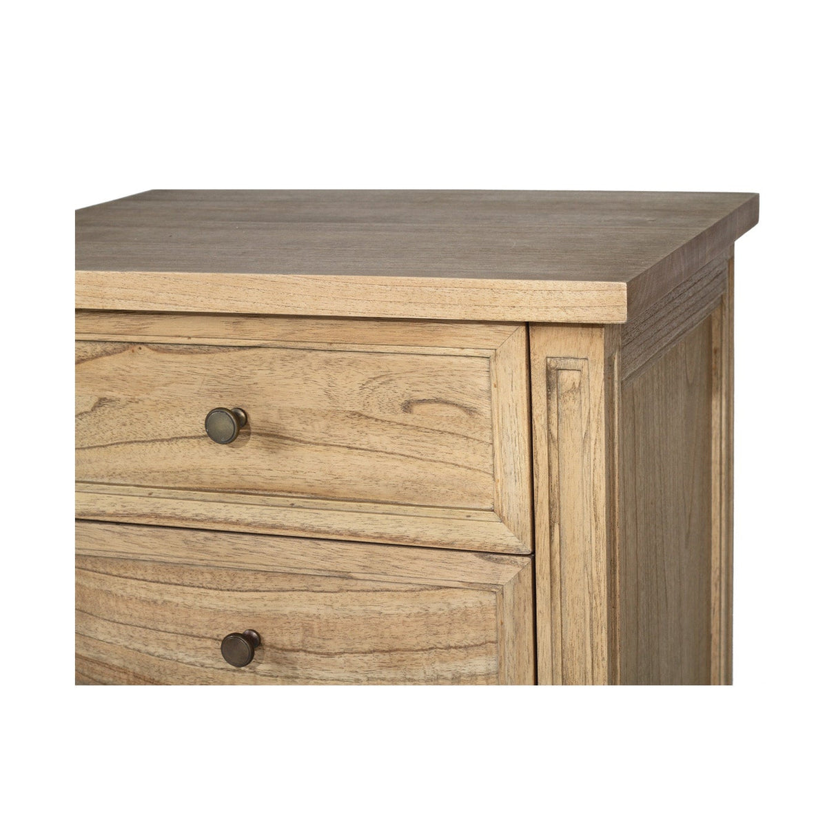 Whitsunday 3 drawer bedside table in weathered oak finish, close-up of a drawer knob and fluted front detail