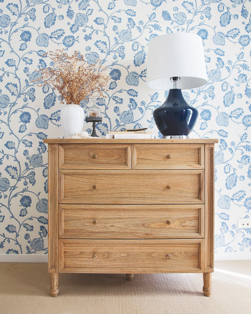 Whitsunday 5 drawer dresser styled in a modern coastal bedroom with Hamptons-inspired decor
