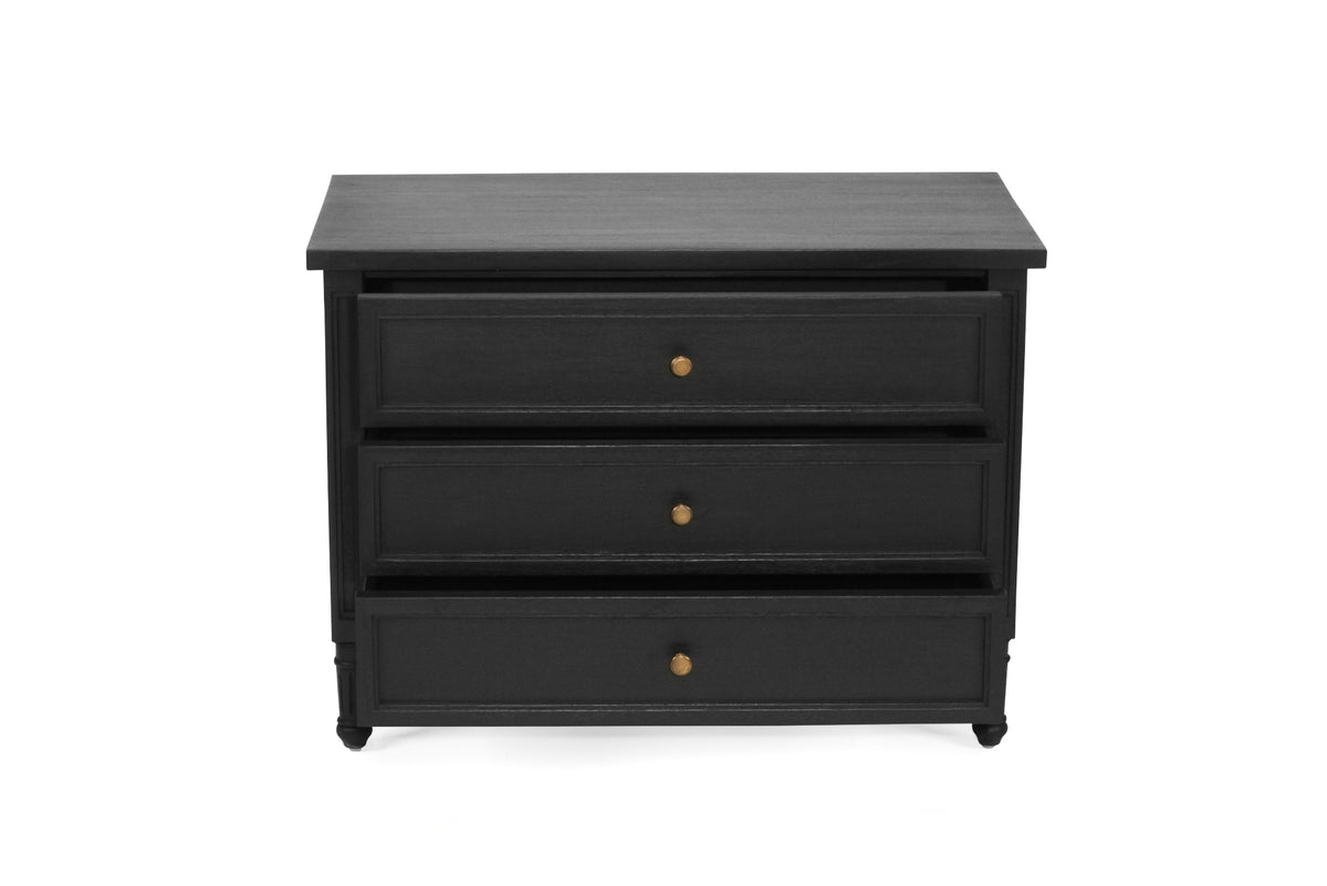 Whitsunday 91cm black three-drawer bedside table, elevated front view with drawers partly open