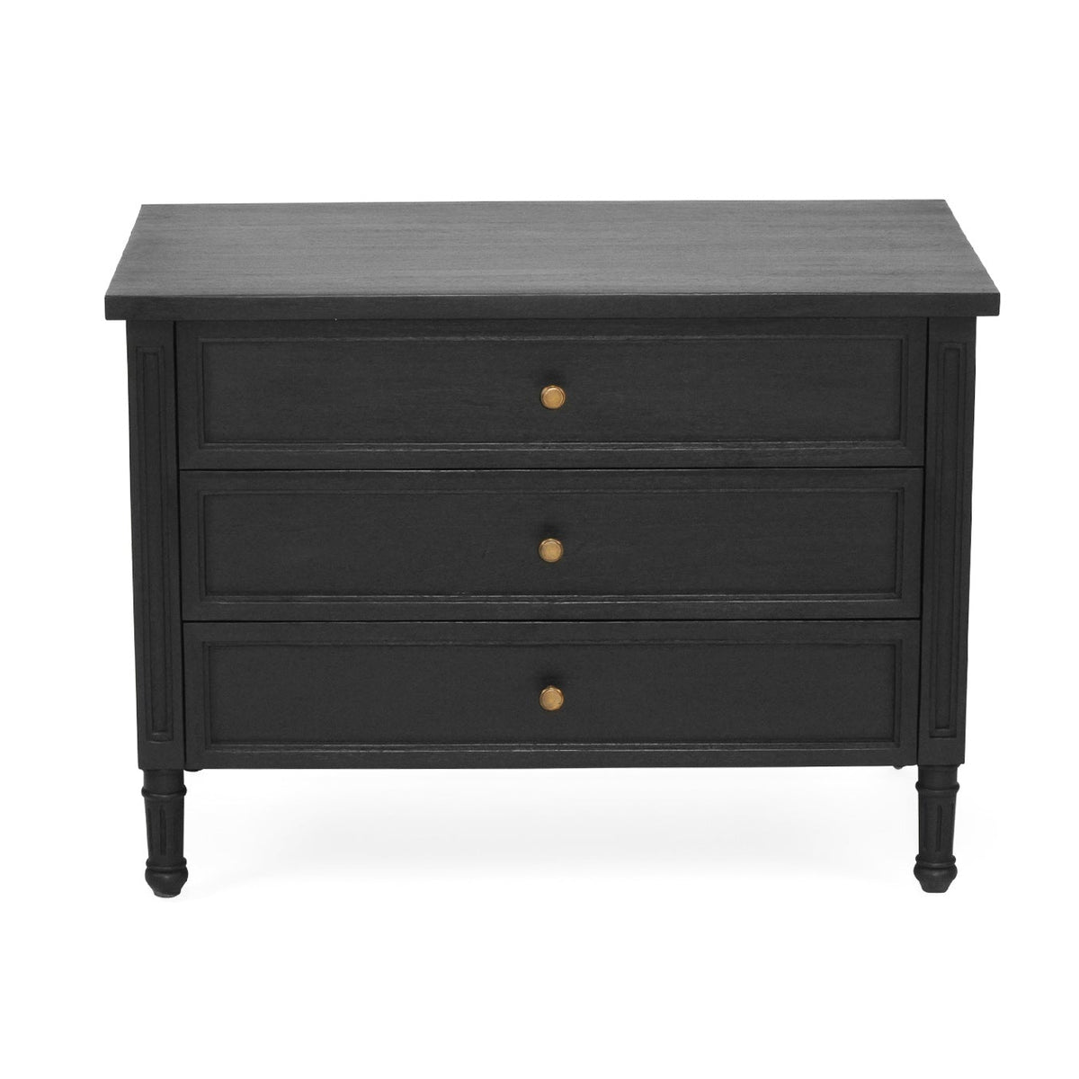 Whitsunday 91cm black three-drawer bedside table, elevated front view showing the tabletop
