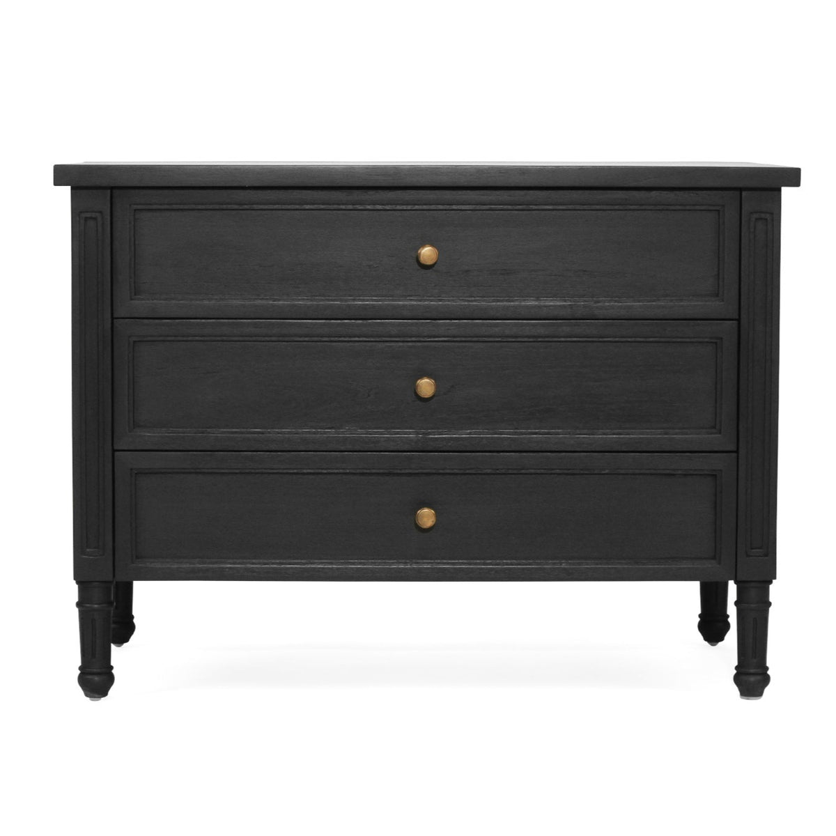 Whitsunday 91cm black three-drawer bedside table, front product view
