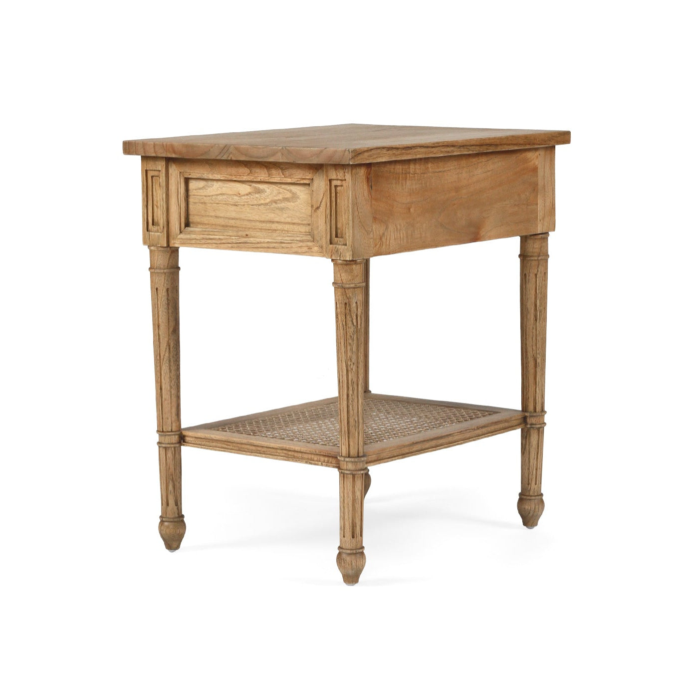 Whitsunday bedside table in weathered oak finish crafted from solid white cedar timber with natural cane shelf - Back angle view