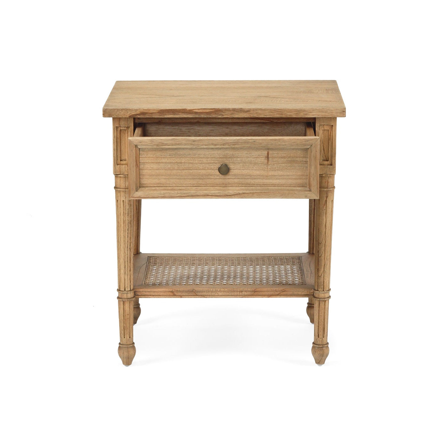 Whitsunday bedside table in weathered oak finish crafted from solid white cedar timber with natural cane shelf - drawer open view