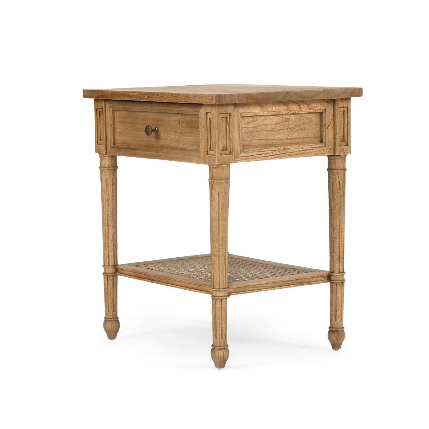Whitsunday bedside table in weathered oak finish crafted from solid white cedar timber with natural cane shelf - Front angle view