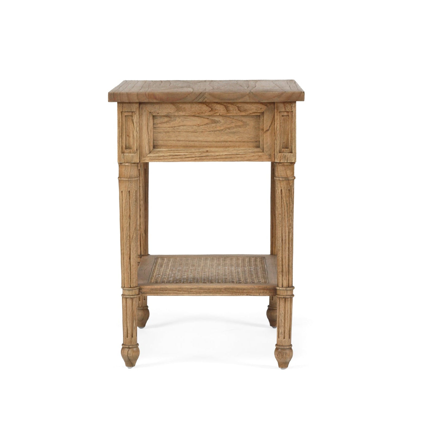 Whitsunday bedside table in weathered oak finish crafted from solid white cedar timber with natural cane shelf - Side view