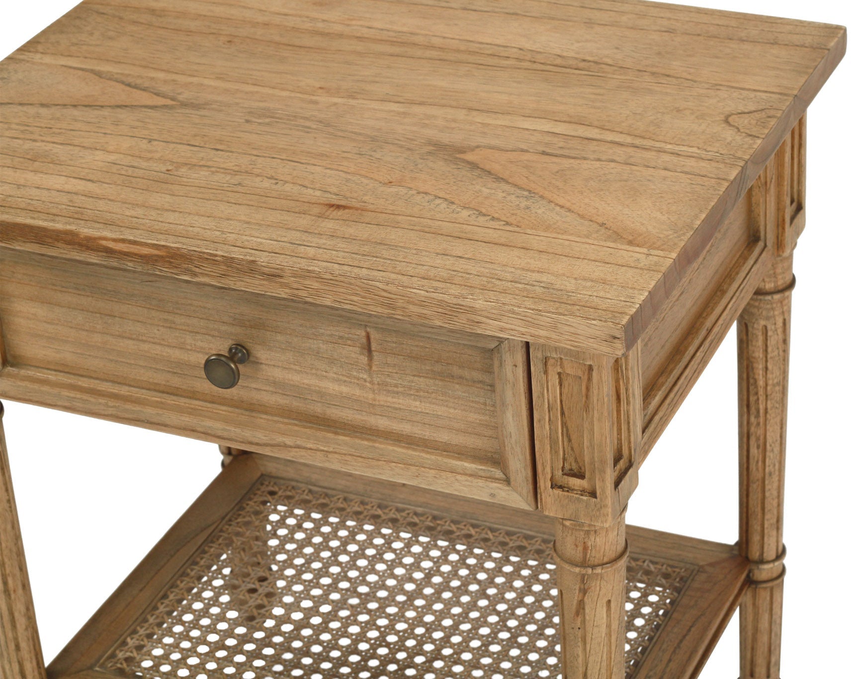 Whitsunday bedside table detail showing natural cane shelf and weathered oak timber finish