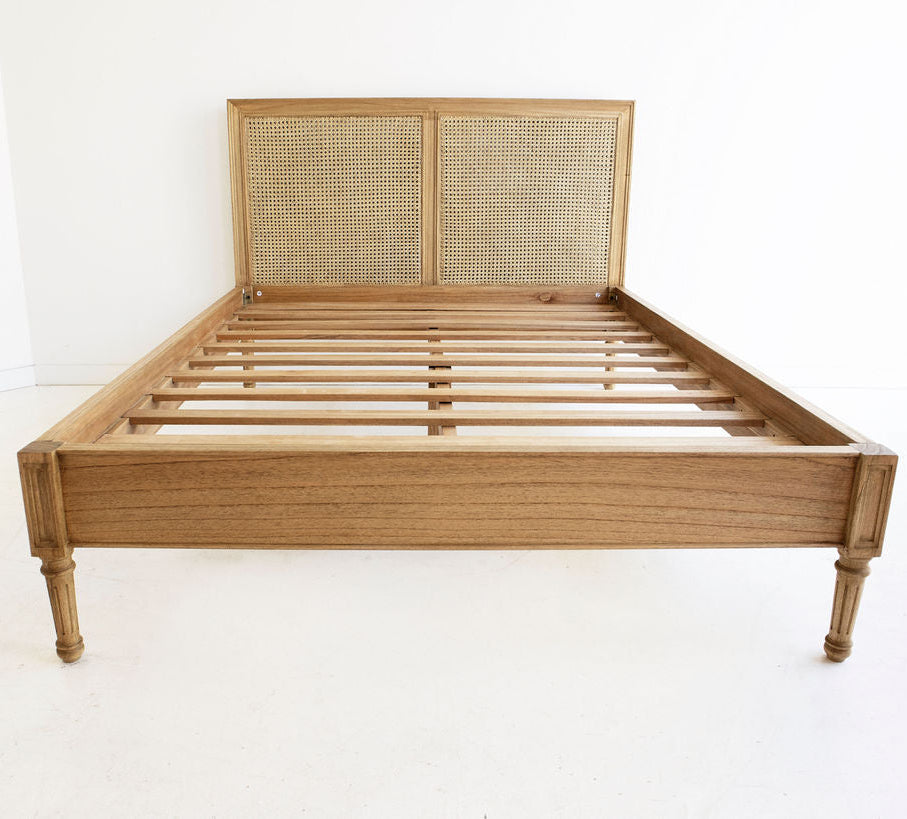 Whitsunday Cane Bed in weathered oak crafted from solid white cedar timber and natural rattan