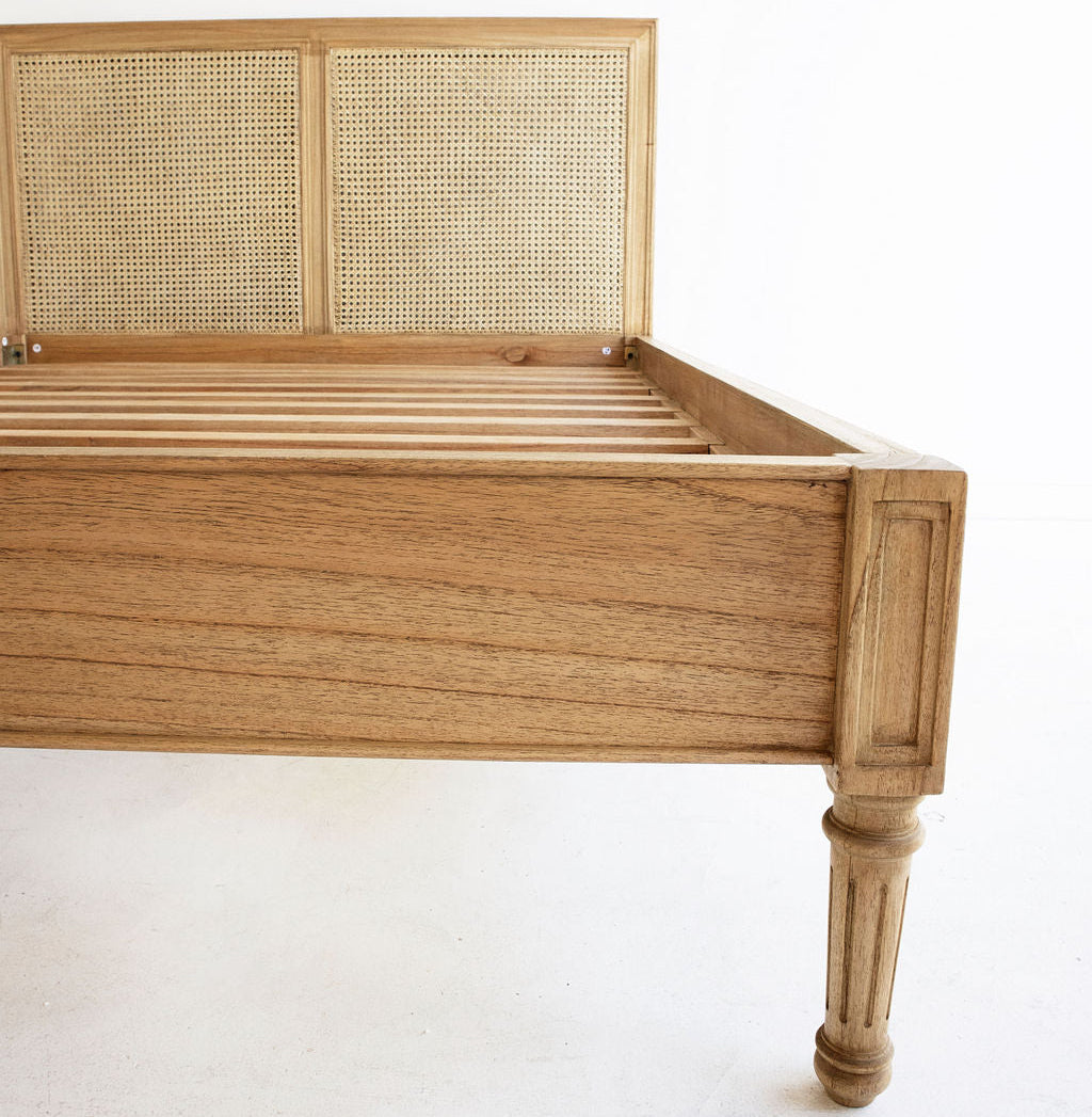 Close-up of natural rattan detailing on the Whitsunday bed frame