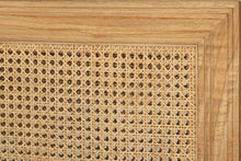 Load image into Gallery viewer, Whitsunday Cane Bedhead with handwoven rattan and weathered wash finish, coastal bedroom furniture with natural charm. Close up.