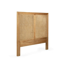 Load image into Gallery viewer, Whitsunday Cane Bedhead with handwoven rattan and weathered wash finish, coastal bedroom furniture with natural charm. Front angle perspective.