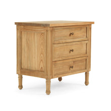 Load image into Gallery viewer, Whitsunday 3 Drawer Bedside Table in weathered oak, solid hardwood with fluted legs, coastal bedroom furniture with timeless design. Front angle perspective.