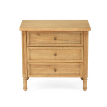 Load image into Gallery viewer, Whitsunday 3 Drawer Bedside Table in weathered oak, solid hardwood with fluted legs, coastal bedroom furniture with timeless design. Front perspective.
