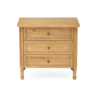 Whitsunday 3 Drawer Bedside Table in weathered oak, solid hardwood with fluted legs, coastal bedroom furniture with timeless design. Front perspective.