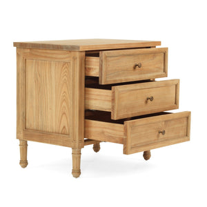 Whitsunday 3 Drawer Bedside Table in weathered oak, solid hardwood with fluted legs, coastal bedroom furniture with timeless design. Front drawers out.