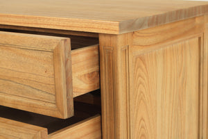 Whitsunday 3 Drawer Bedside Table in weathered oak, solid hardwood with fluted legs, coastal bedroom furniture with timeless design. Close up.