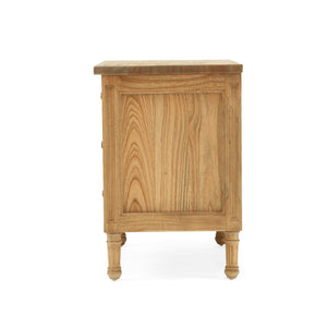 Whitsunday 3 Drawer Bedside Table in weathered oak, solid hardwood with fluted legs, coastal bedroom furniture with timeless design. Side perspective.
