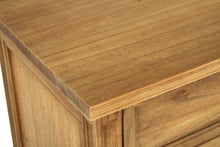 Load image into Gallery viewer, Whitsunday 3 Drawer Bedside Table in weathered oak, solid hardwood with fluted legs, coastal bedroom furniture with timeless design. Top perspective.
